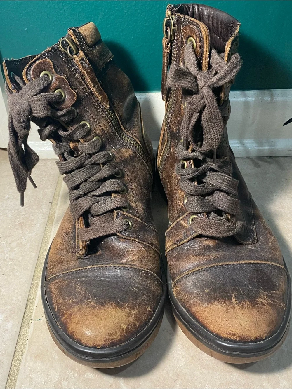 Diesel distressed genuine leather lace up ankle boots